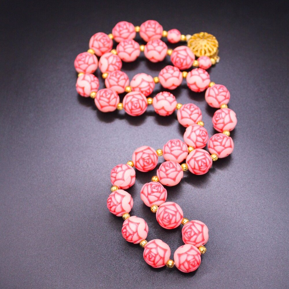 Cabbage Rose Double Sided Two Tone Pink Beaded Necklace Gold Tone Findings